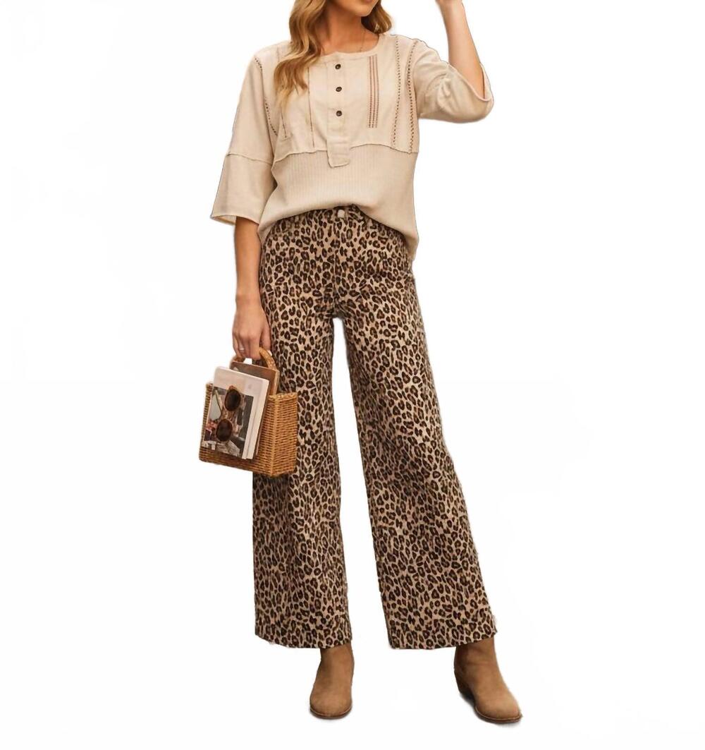 NEW EASEL leopard print high waist washed twill wide leg pants in multi